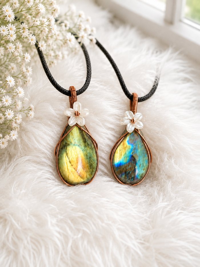 Labradorite Copper Wire Wrapped Pendants with Flower Accent