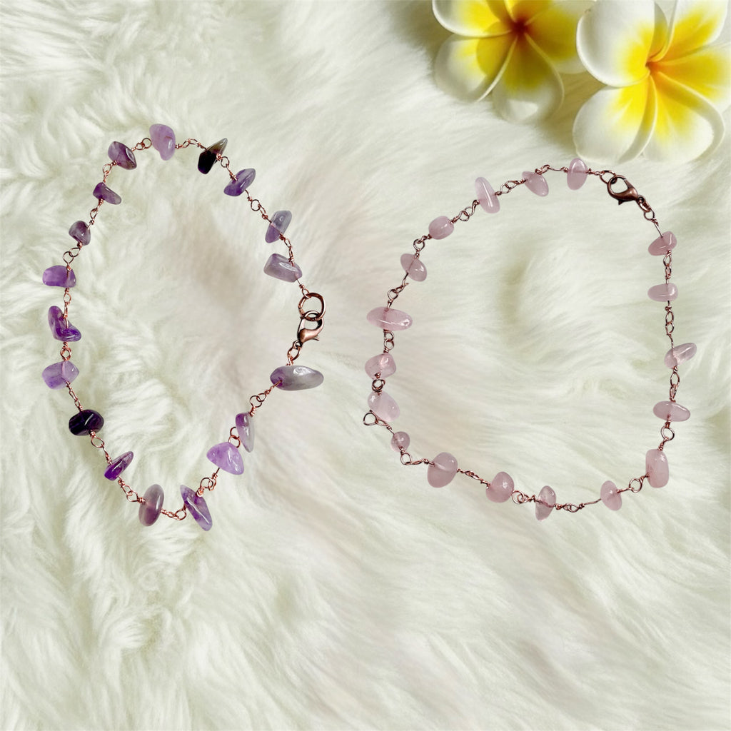 Rose Quartz & Amethyst Copper Wire Wrapped Anklets