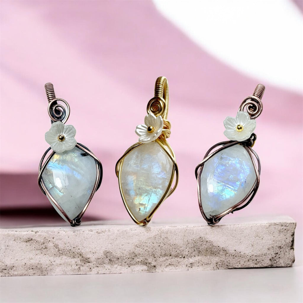 Rainbow Moonstone Wire Wrapped Pendants