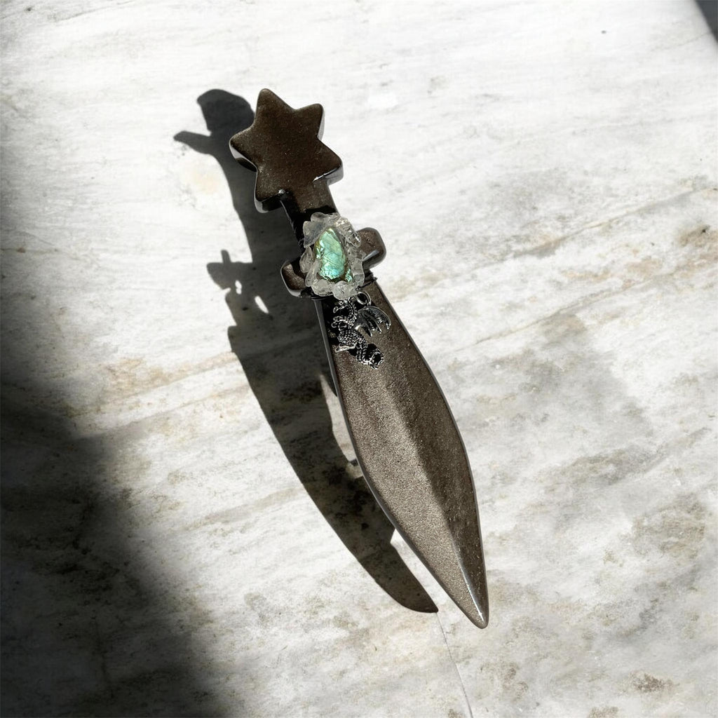 Silver Sheen Obsidian Athame with Labradorite, Clear Quartz & Dragon