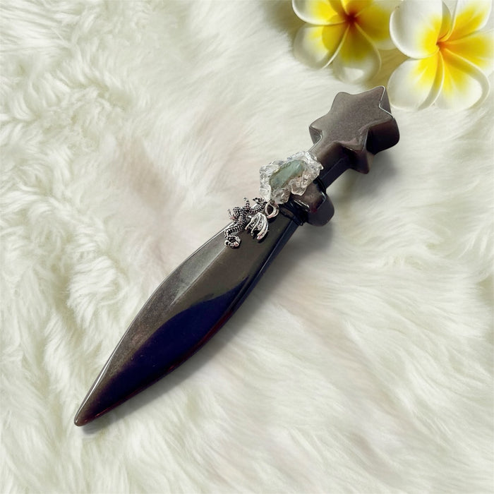 Silver Sheen Obsidian Athame with Labradorite, Clear Quartz & Dragon
