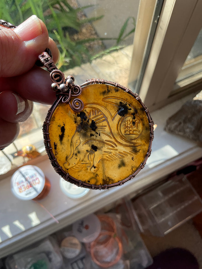 Antique Jade Wolf Carving Wire Wrapped Pendant - Connie’s Crystals 