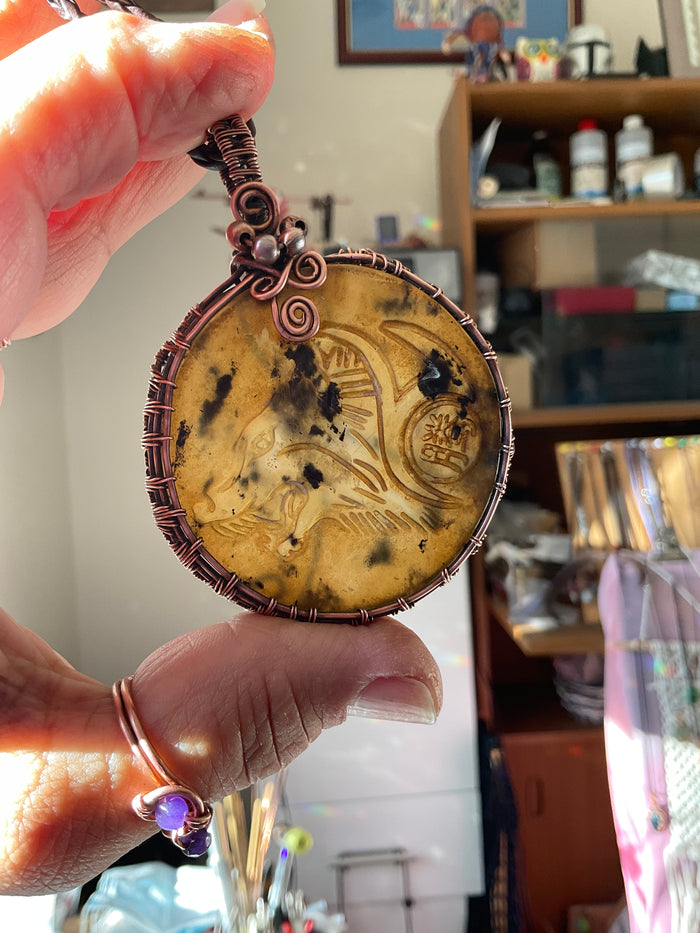 Antique Jade Wolf Carving Wire Wrapped Pendant - Connie’s Crystals 