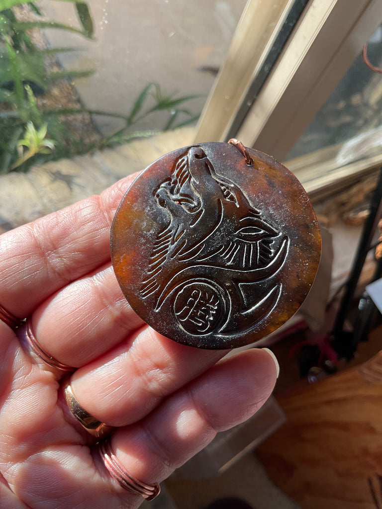 Antique Jade Wolf Carving Wire Wrapped Pendant - Connie’s Crystals 
