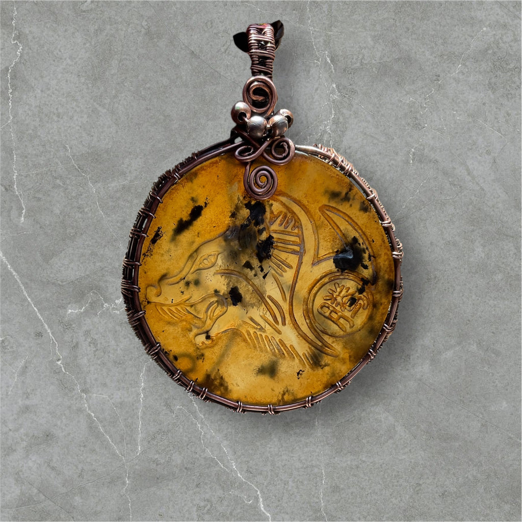 Antique Jade Wolf Carving Wire Wrapped Pendant - Connie’s Crystals 