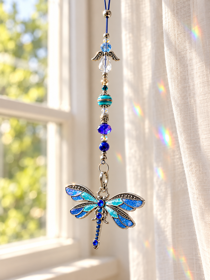 Blue Dragonfly Sun Catcher with Angel and Beaded Detail