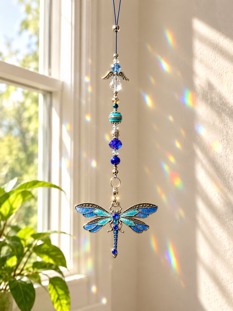 Blue Dragonfly Sun Catcher with Angel and Beaded Detail