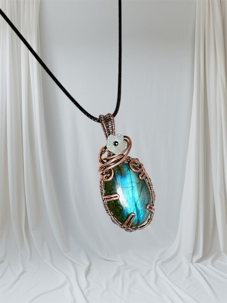 Blue Labradorite with Flower and Black Spinel Accent Pendant