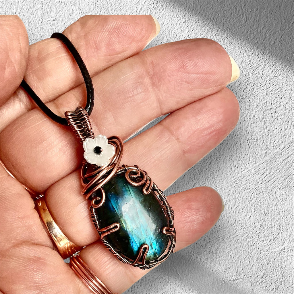 Blue Labradorite with Flower and Black Spinel Accent Pendant