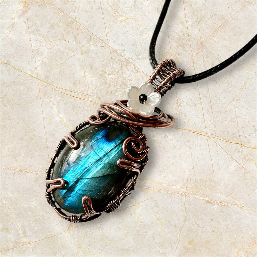 Blue Labradorite with Flower and Black Spinel Accent Pendant