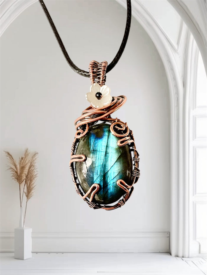 Blue Labradorite with Flower and Black Spinel Accent Pendant