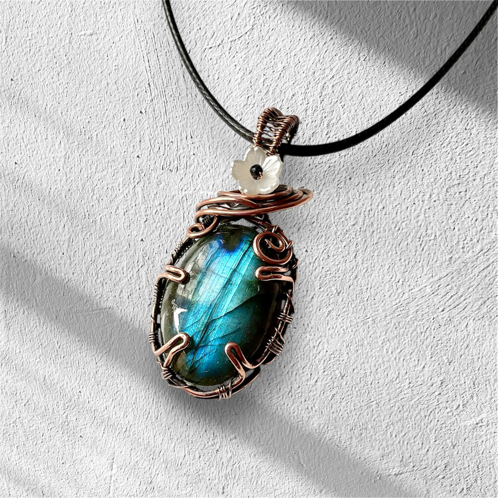 Blue Labradorite with Flower and Black Spinel Accent Pendant