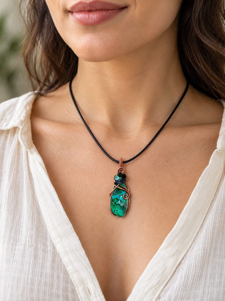 Chrysocolla in Malachite Flower Pendant - Connie’s Crystals 