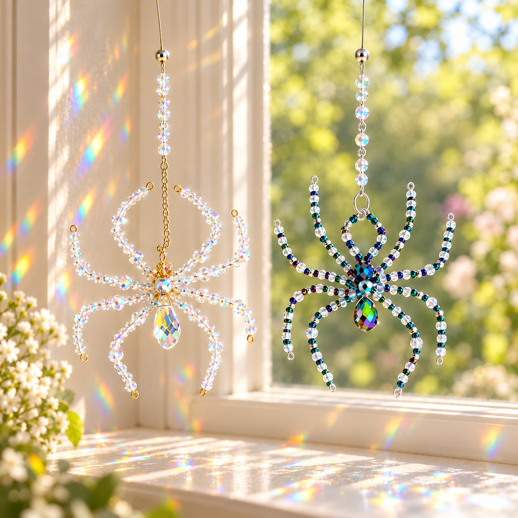 Crystal Spider Sun Catchers – White Iridescent & Dark Rainbow