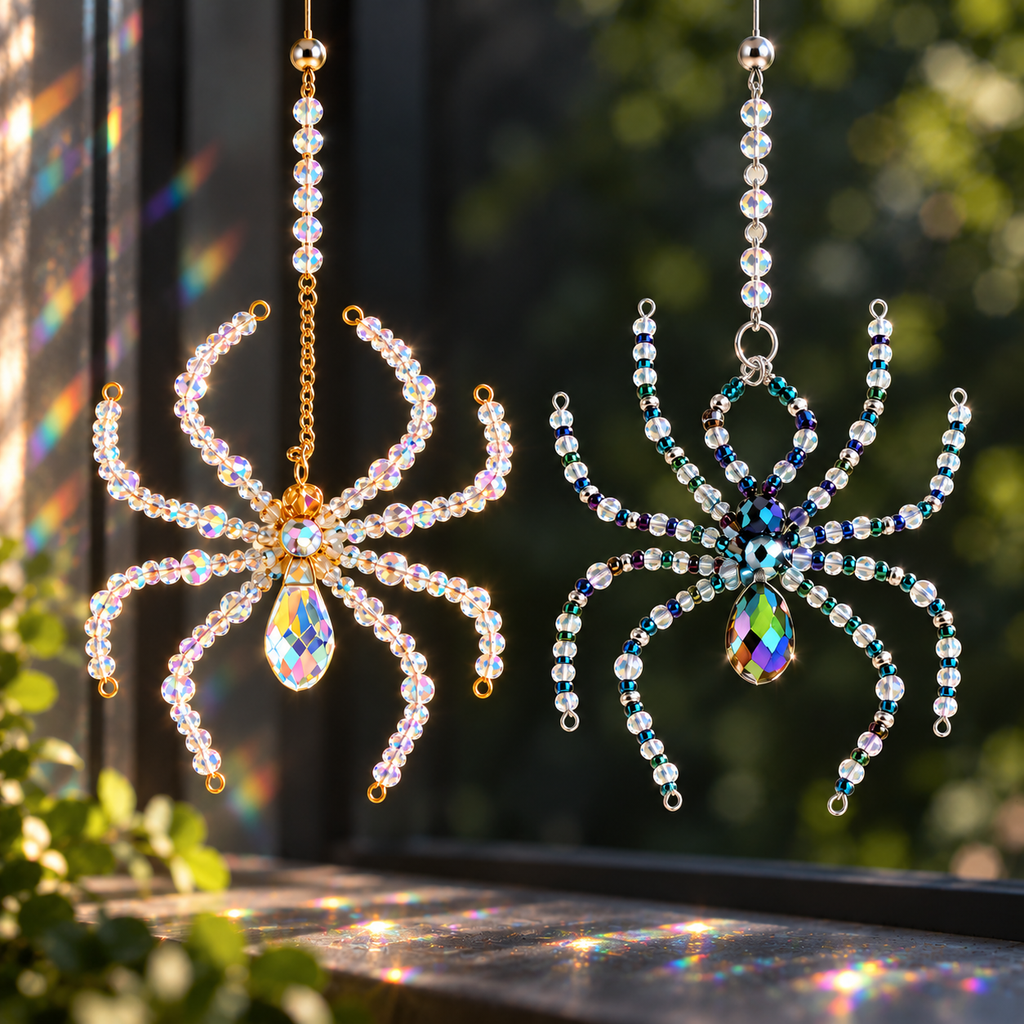 Crystal Spider Sun Catchers – White Iridescent & Dark Rainbow