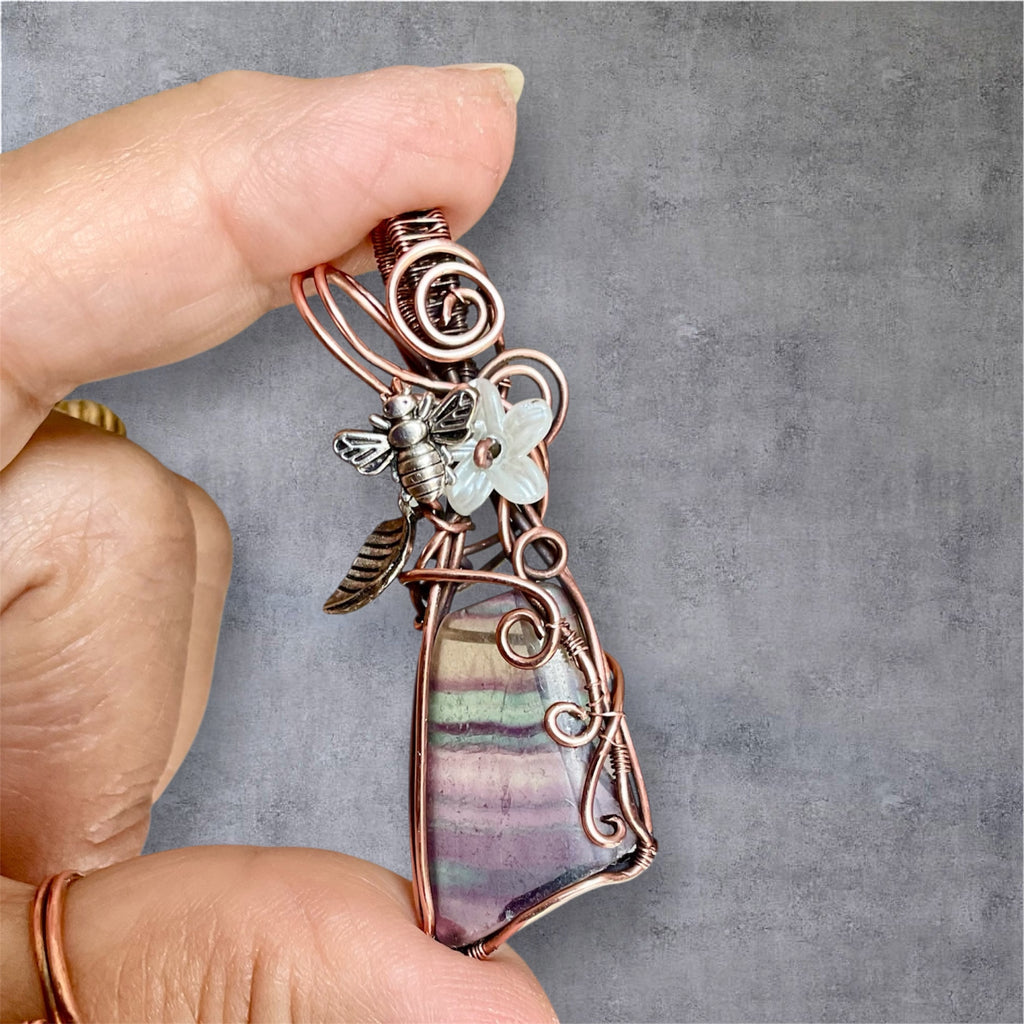 Rainbow Fluorite Pendant with Flower and Bee Accent