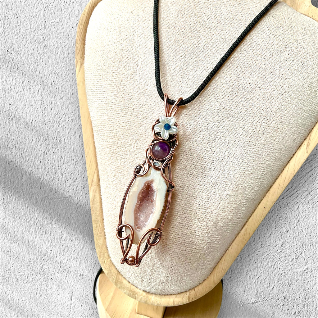 Pink Druzy Geode Agate with Amethyst and Sapphire Accents