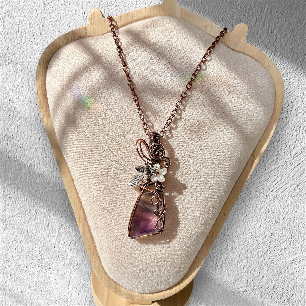 Rainbow Fluorite Pendant with Flower and Bee Accent