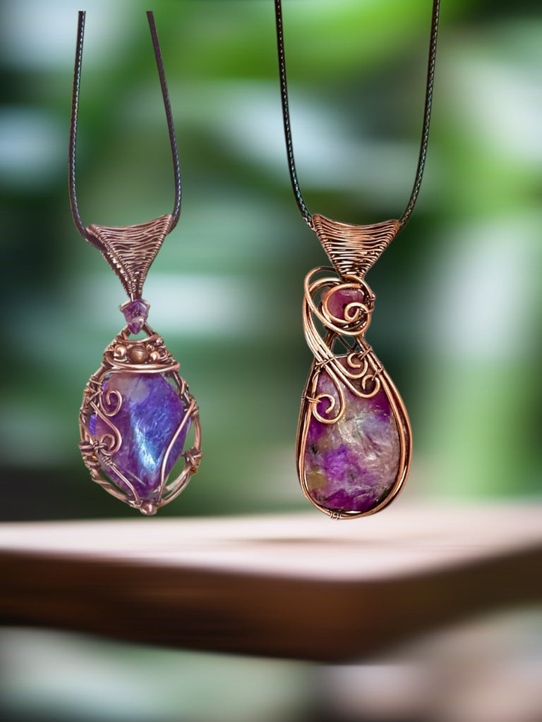 Charoite Wire Wrapped Pendants With Amethyst Accent