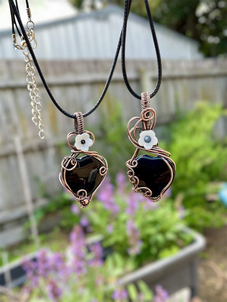 Black Obsidian Heart Pendants with Sapphire & Black Spinel Flower Accents