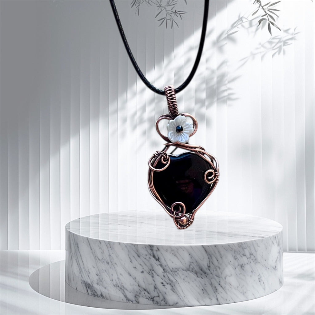 Black Obsidian Heart Pendants with Sapphire & Black Spinel Flower Accents