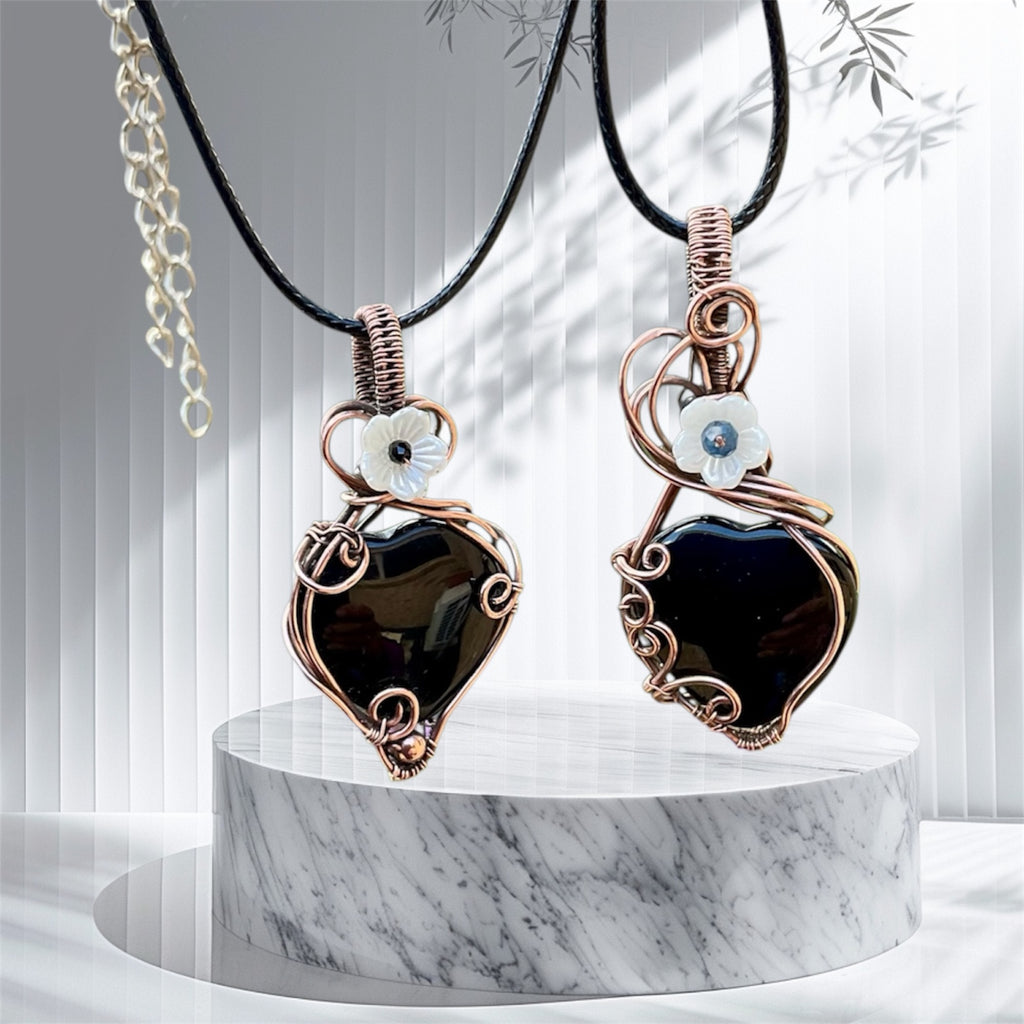 Black Obsidian Heart Pendants with Sapphire & Black Spinel Flower Accents