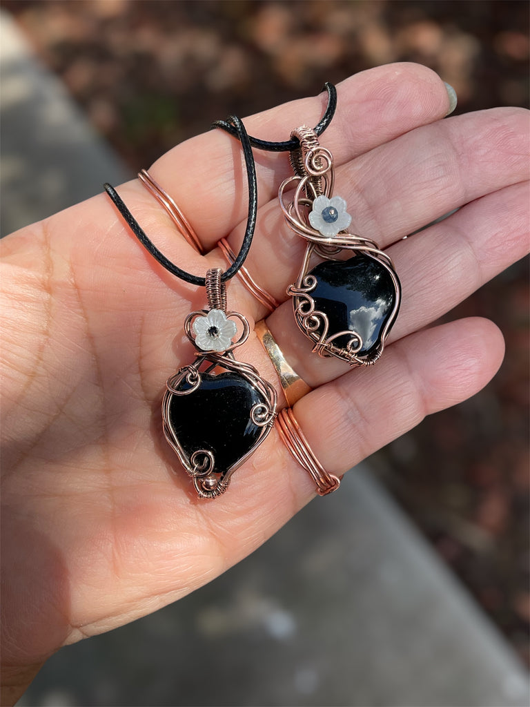 Black Obsidian Heart Pendants with Sapphire & Black Spinel Flower Accents