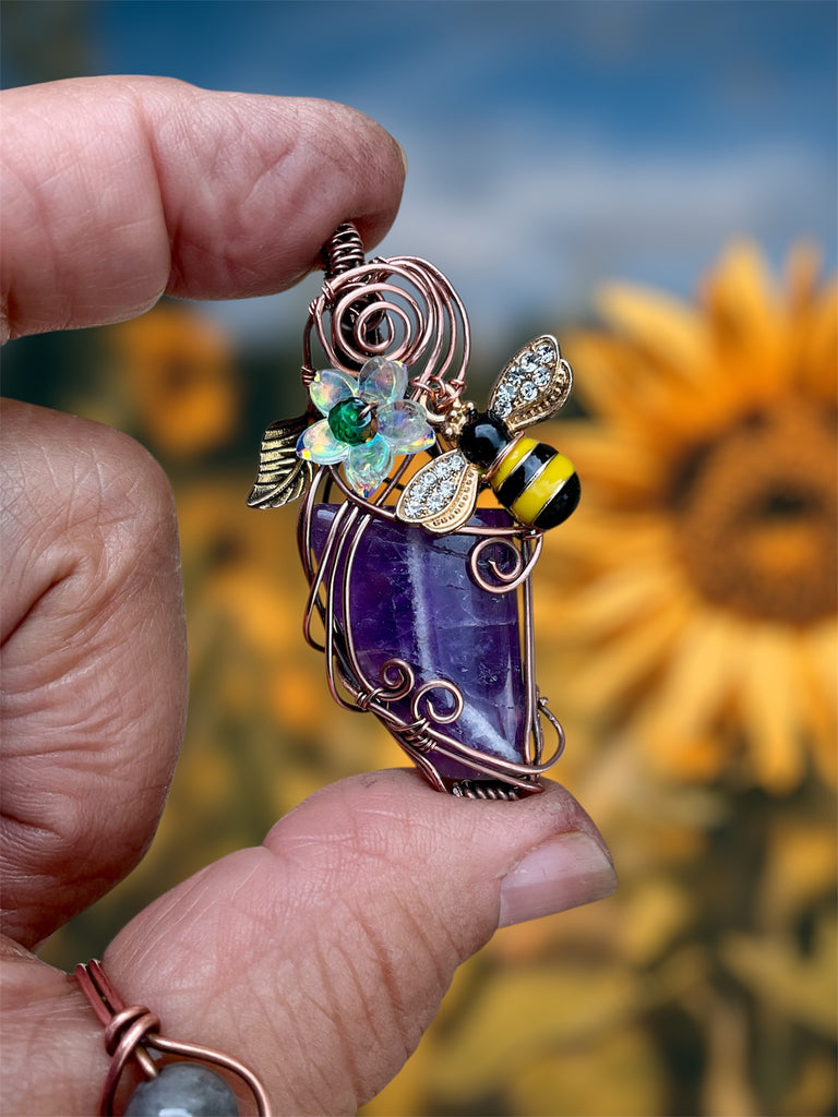 Chevron Amethyst Bee & Bloom Wire-Wrapped Pendant