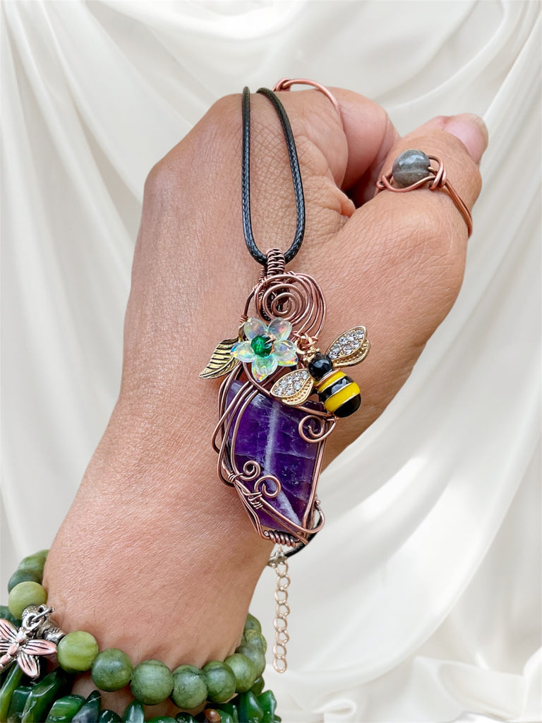 Chevron Amethyst Bee & Bloom Wire-Wrapped Pendant