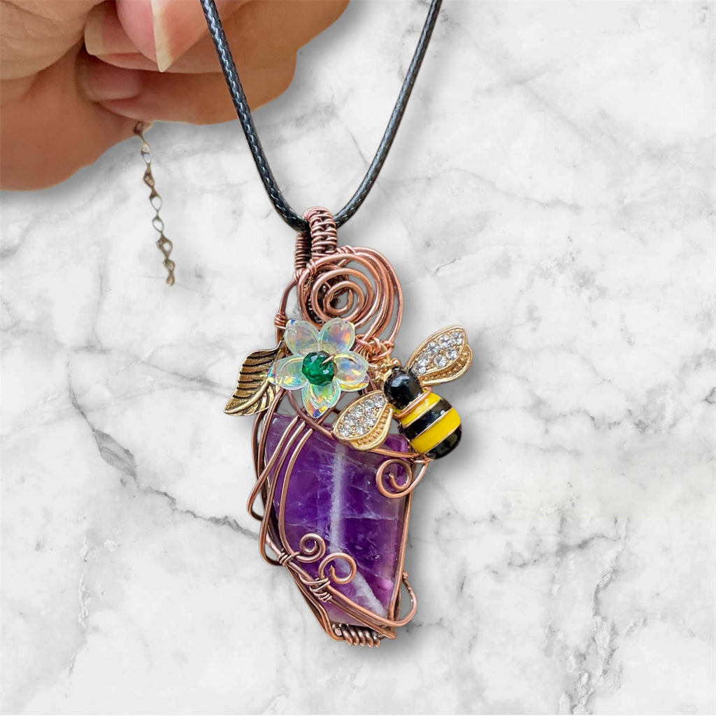 Chevron Amethyst Bee & Bloom Wire-Wrapped Pendant