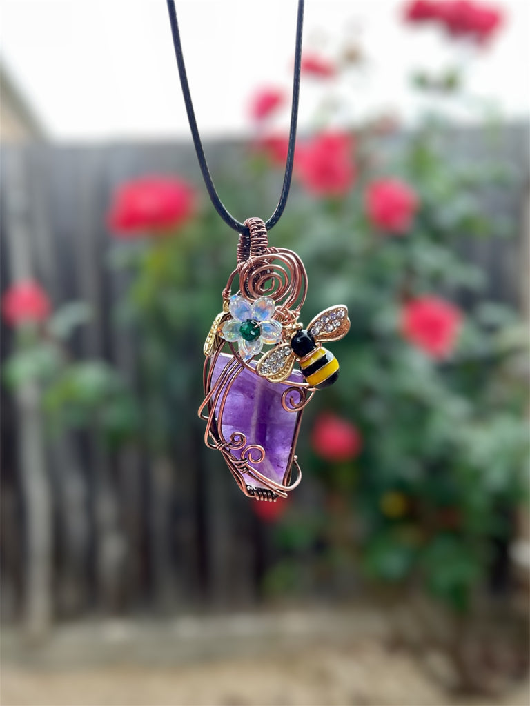 Chevron Amethyst Bee & Bloom Wire-Wrapped Pendant