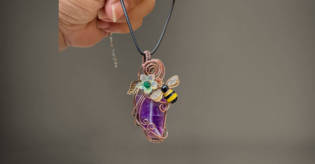 Chevron Amethyst Bee & Bloom Wire-Wrapped Pendant