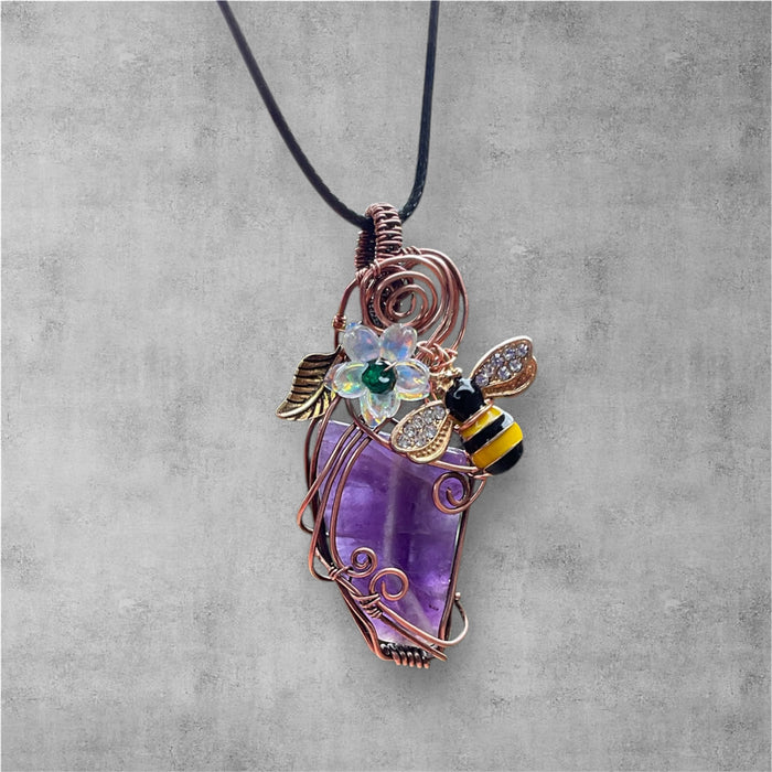 Chevron Amethyst Bee & Bloom Wire-Wrapped Pendant