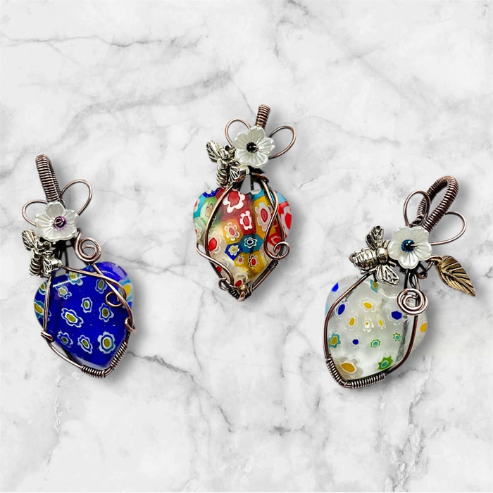 Millefiori Heart Pendant with Bee & Spinel Flower Accents