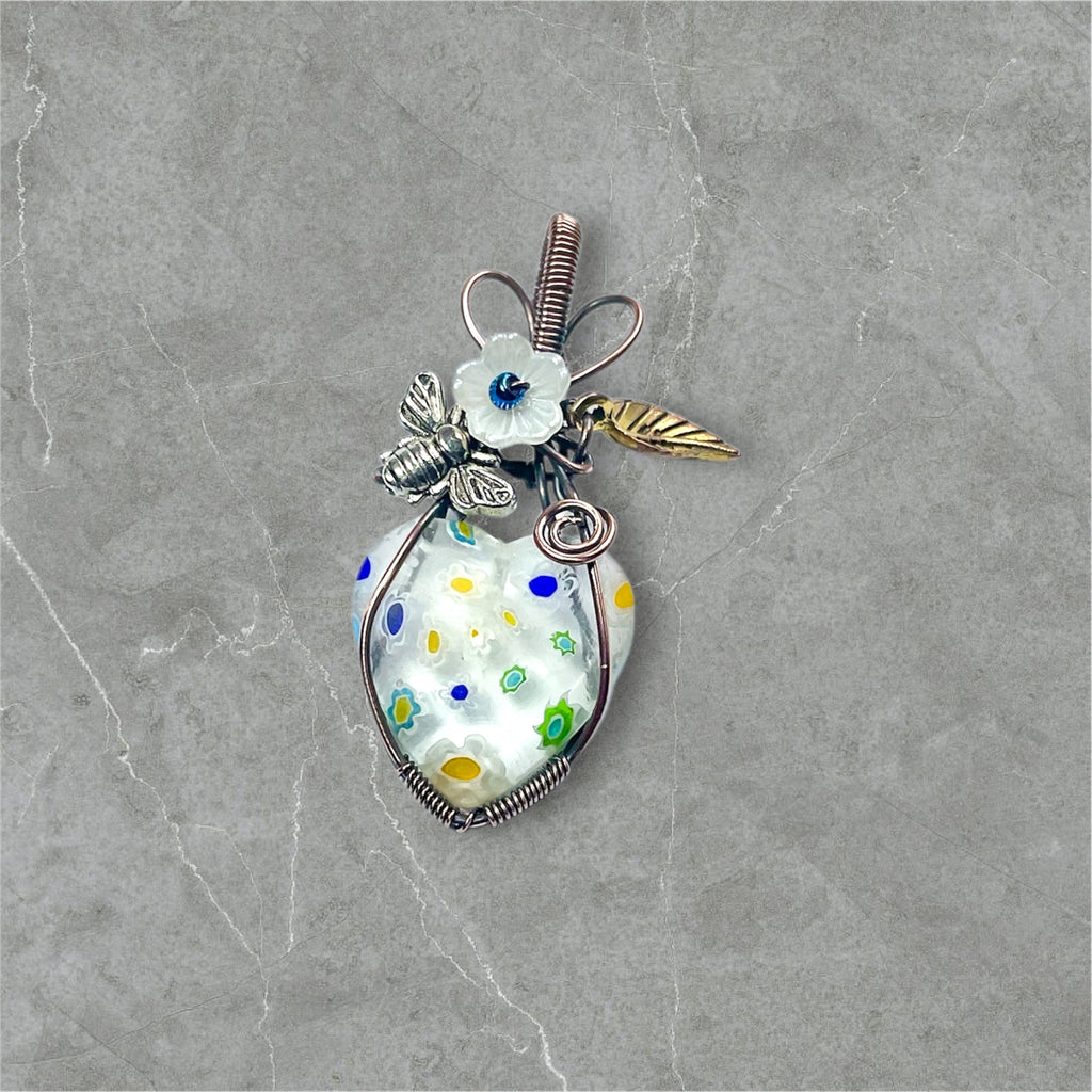 Millefiori Heart Pendant with Bee & Spinel Flower Accents