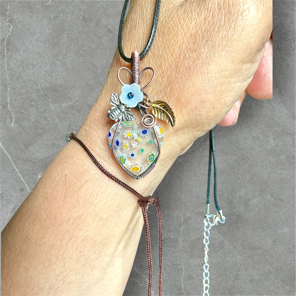 Millefiori Heart Pendant with Bee & Spinel Flower Accents