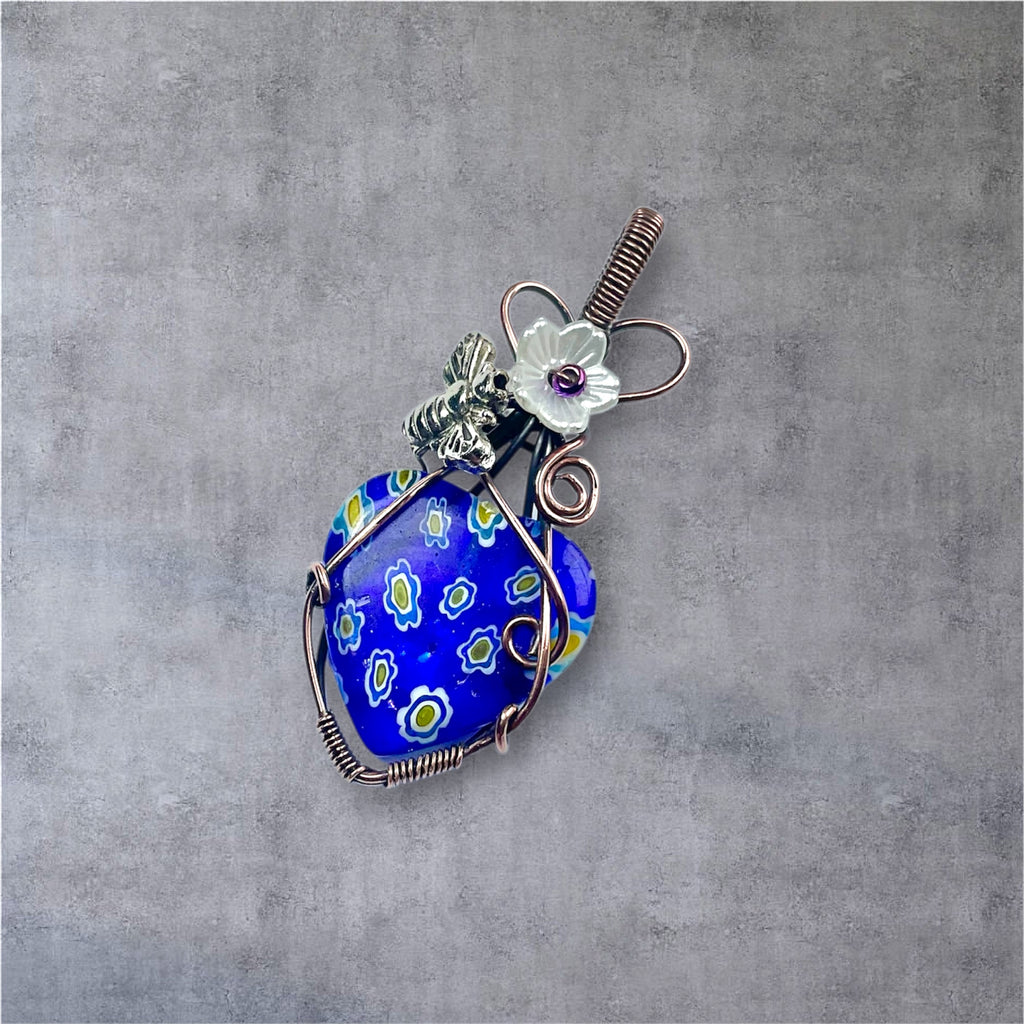 Millefiori Heart Pendant with Bee & Spinel Flower Accents