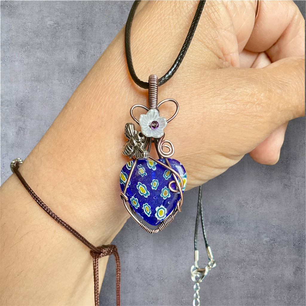 Millefiori Heart Pendant with Bee & Spinel Flower Accents