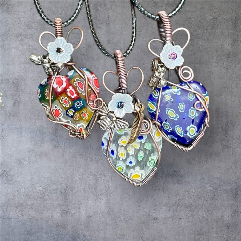 Millefiori Heart Pendant with Bee & Spinel Flower Accents