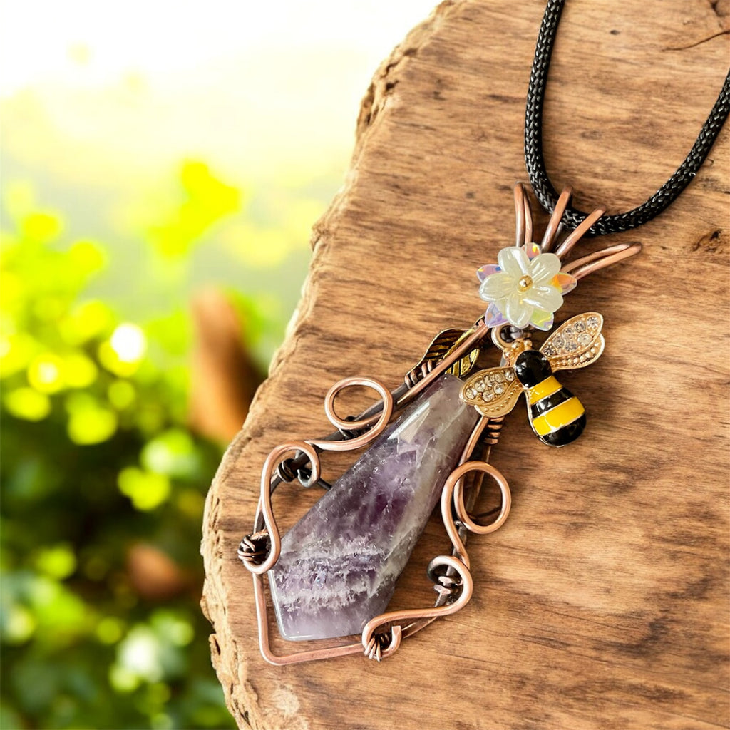 Amethyst Pendant with Bee & Floral Accents - Connie’s Crystals 