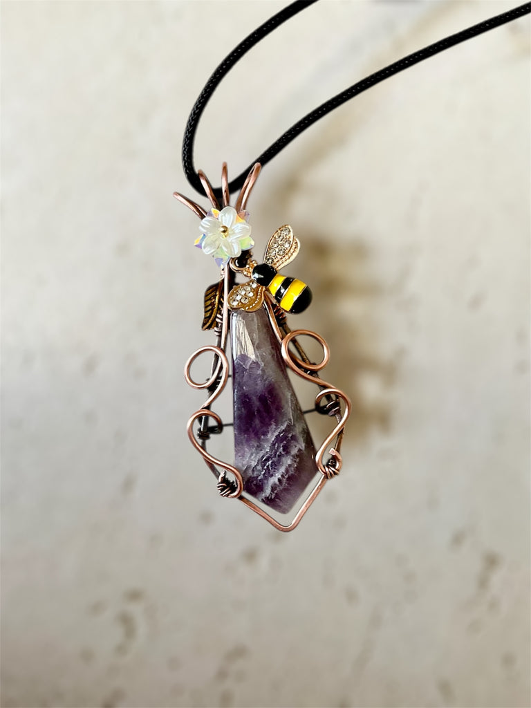 Amethyst Pendant with Bee & Floral Accents - Connie’s Crystals 