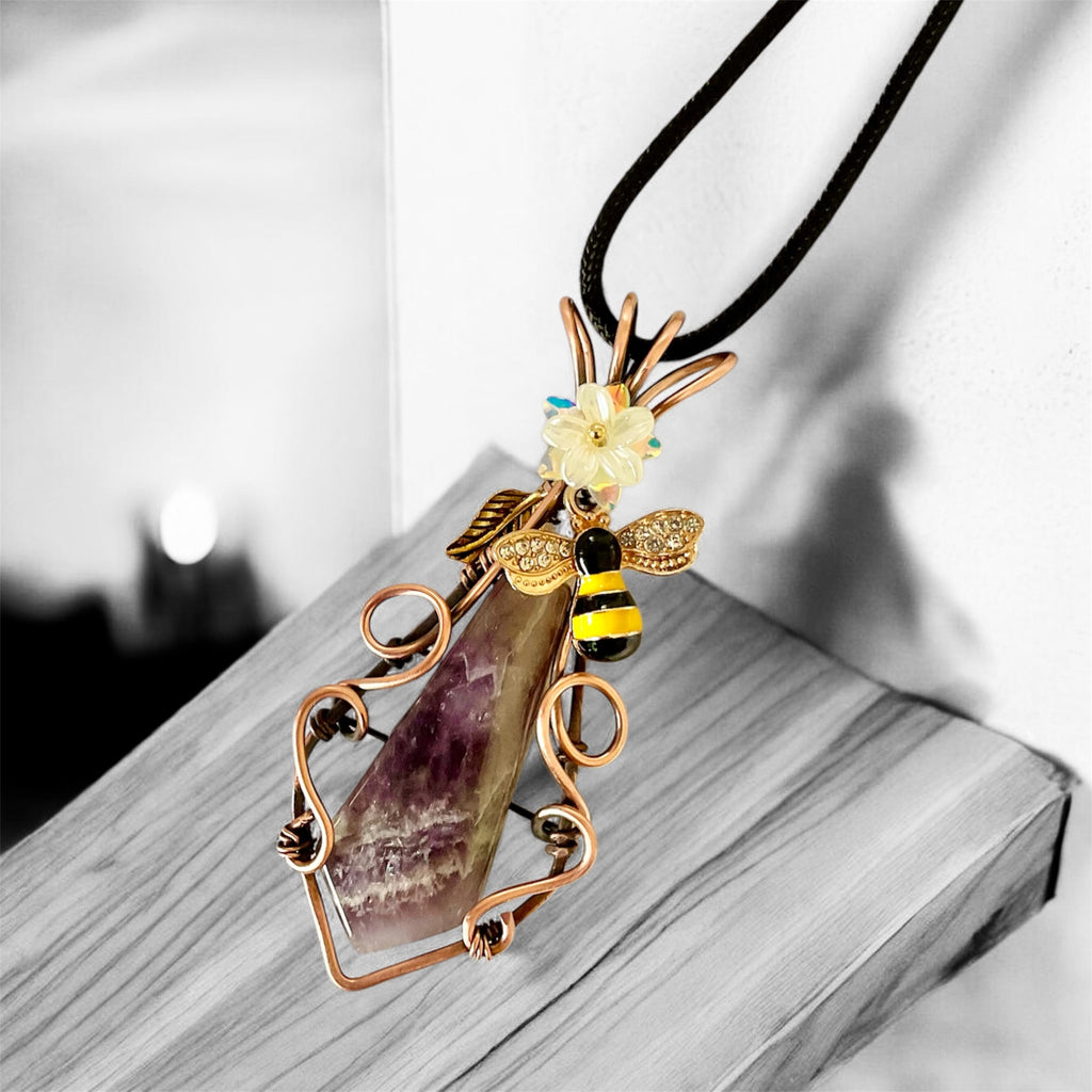 Amethyst Pendant with Bee & Floral Accents - Connie’s Crystals 