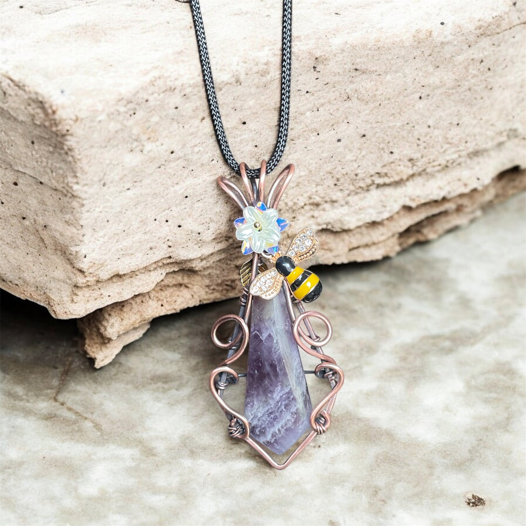Amethyst Pendant with Bee & Floral Accents - Connie’s Crystals 