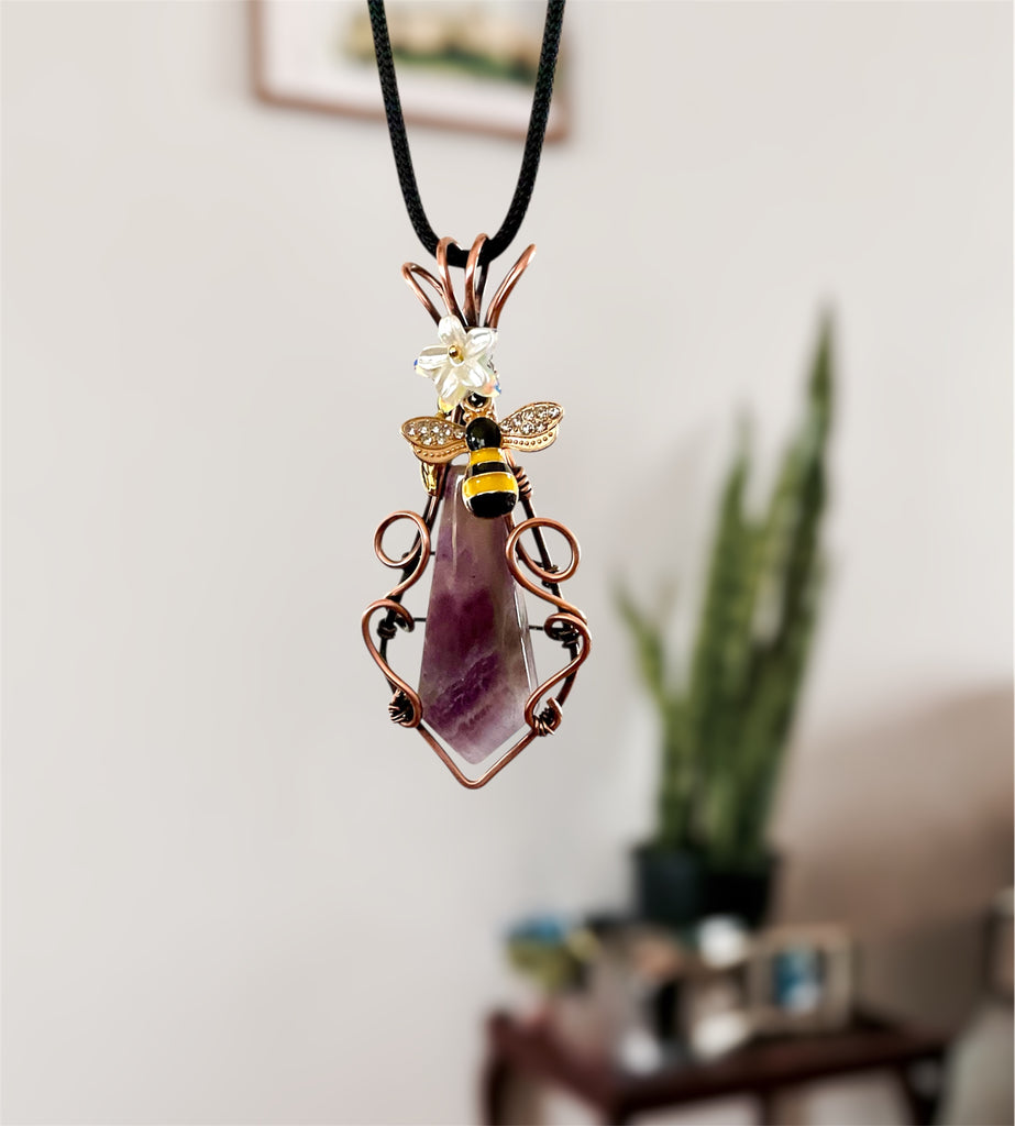 Amethyst Pendant with Bee & Floral Accents - Connie’s Crystals 