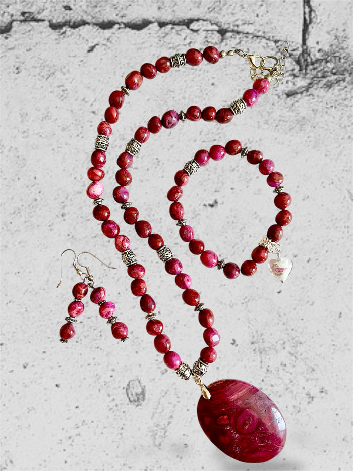 Pink Crazy Lace Agate & Ghost Eye Jasper Jewellery Set - Connie’s Crystals 