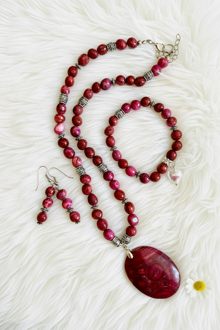 Pink Crazy Lace Agate & Ghost Eye Jasper Jewellery Set