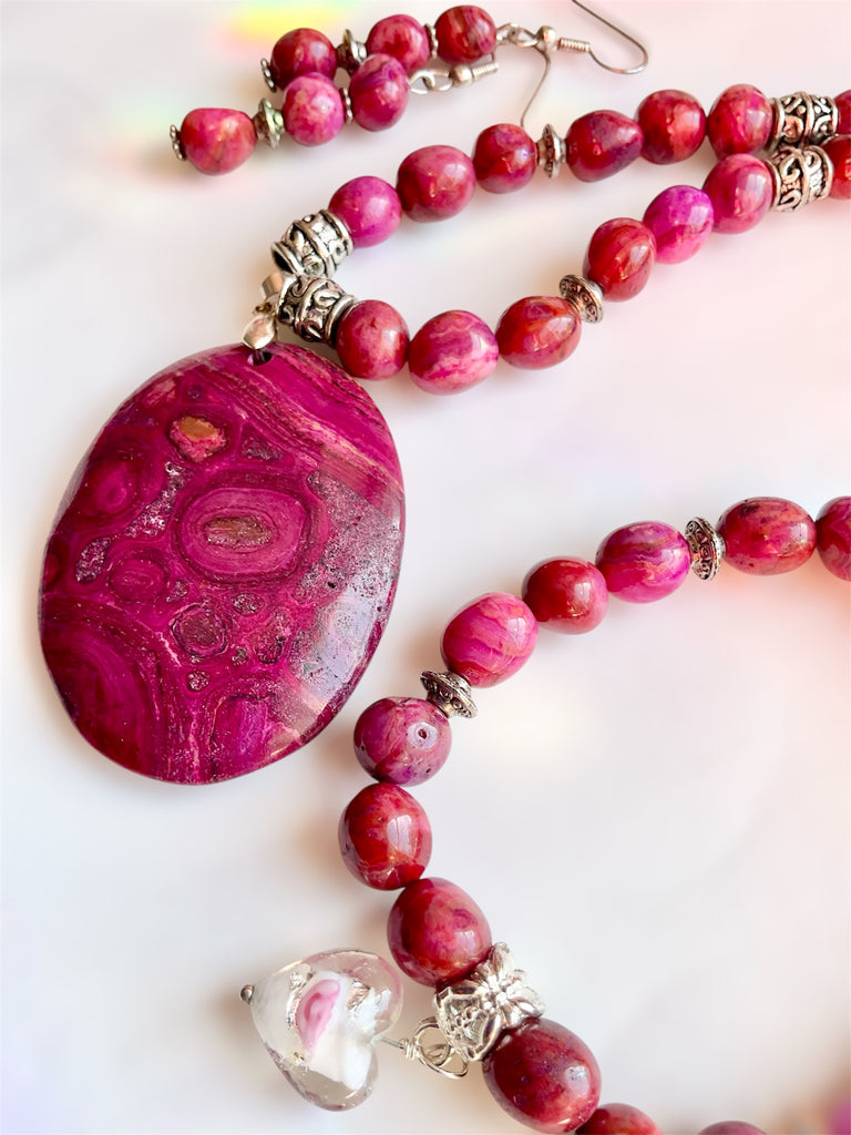 Pink Crazy Lace Agate & Ghost Eye Jasper Jewellery Set - Connie’s Crystals 