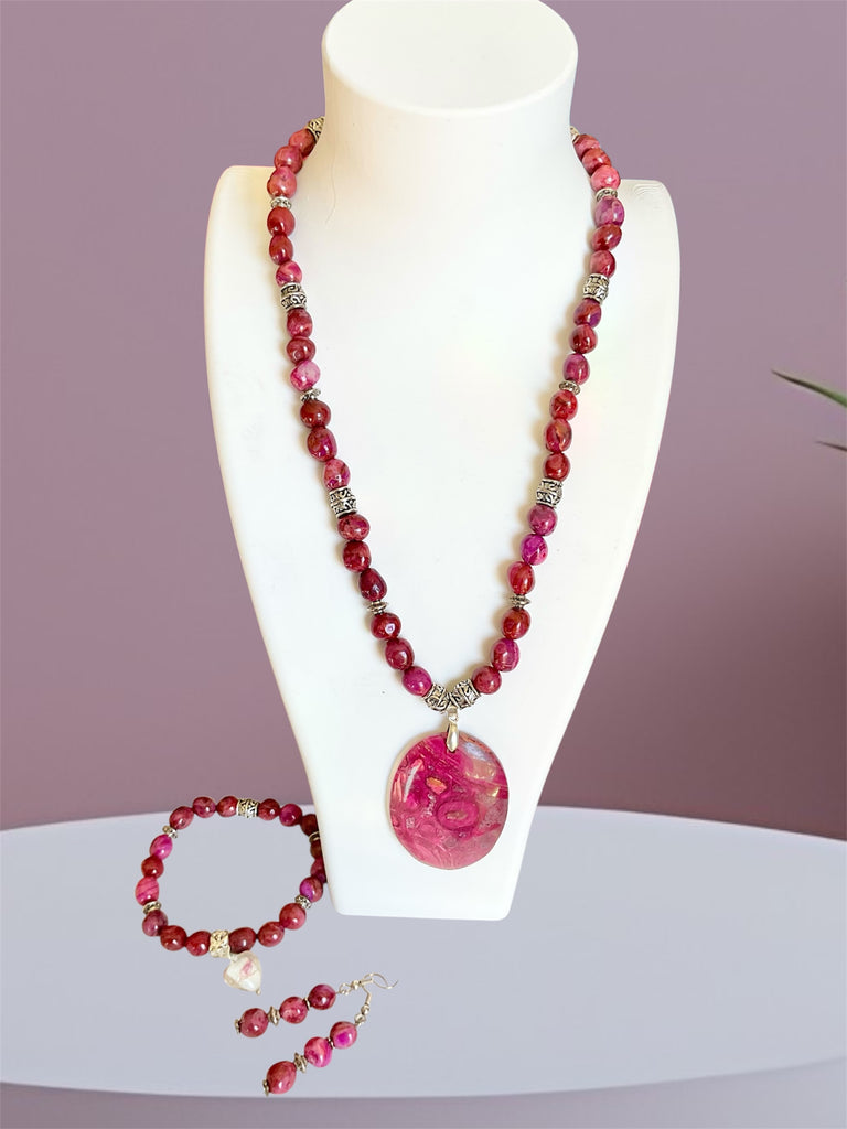 Pink Crazy Lace Agate & Ghost Eye Jasper Jewellery Set - Connie’s Crystals 