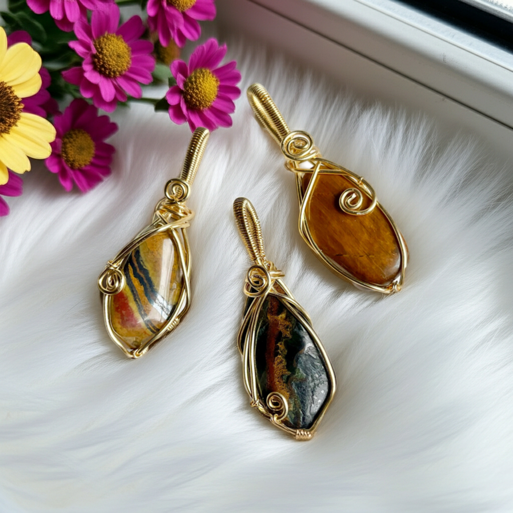 Tiger Eye 14K Gold-Plated Wire Wrapped Pendants