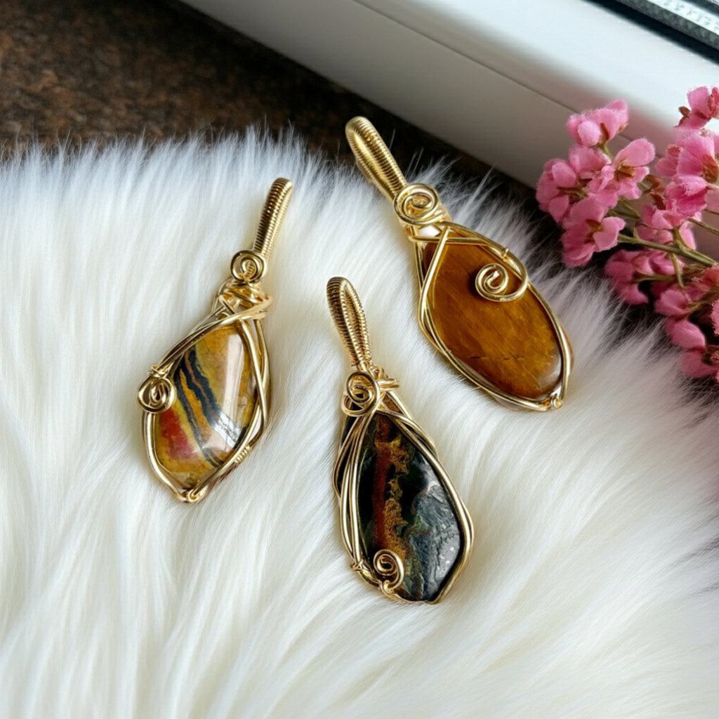 Tiger Eye 14K Gold-Plated Wire Wrapped Pendants